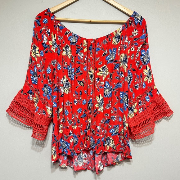 Democracy Tops - Democracy Boho Floral Blouse Womens Plus 1X Red Crochet Bell Sleeve Top Festival